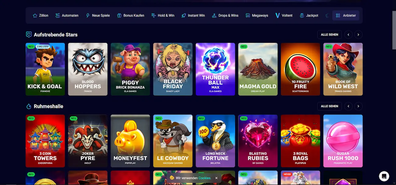 Übersicht der Spinjo Casino Lobby mit Spielkategorien
