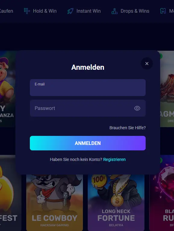 Login-Maske von Spinjo Casino im Browser