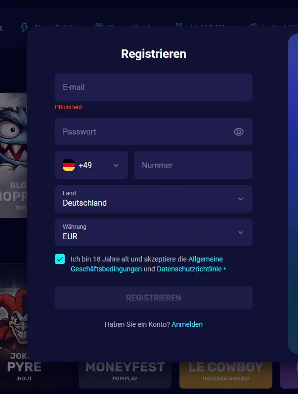 Registrierungsformular bei Spinjo Casino